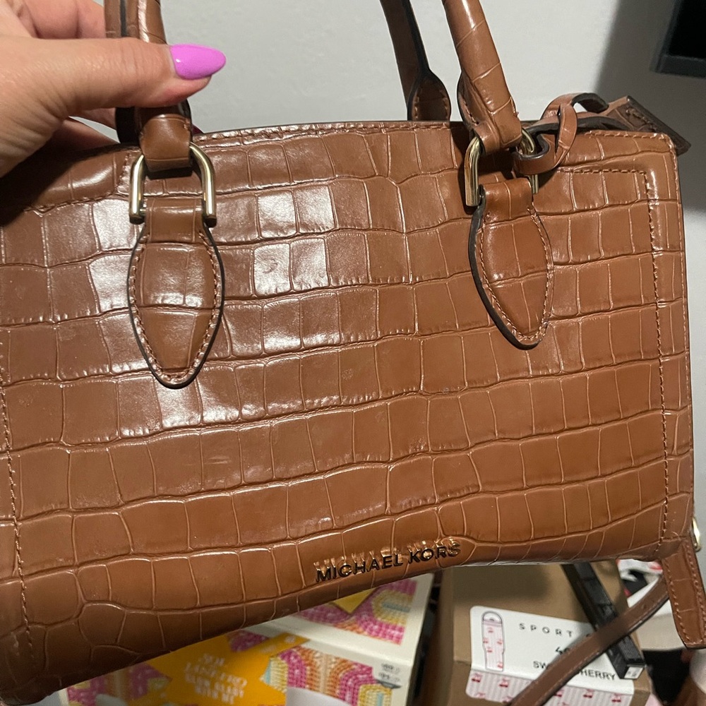 MICHAEL KORS Cognac Croc-Embossed Leather Satchel